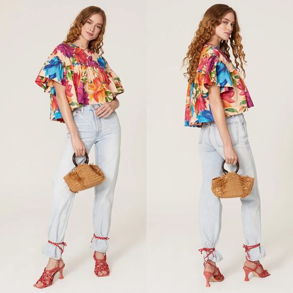 Farm Rio Top Womens Large Pink Orange Marys Garden Floral Tropical Boho Flutter - Picture 2 of 11